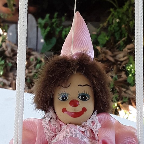 Sweet Little Harlequin Jester Clown Doll On A Swing Preowned - Picture 9 of 11